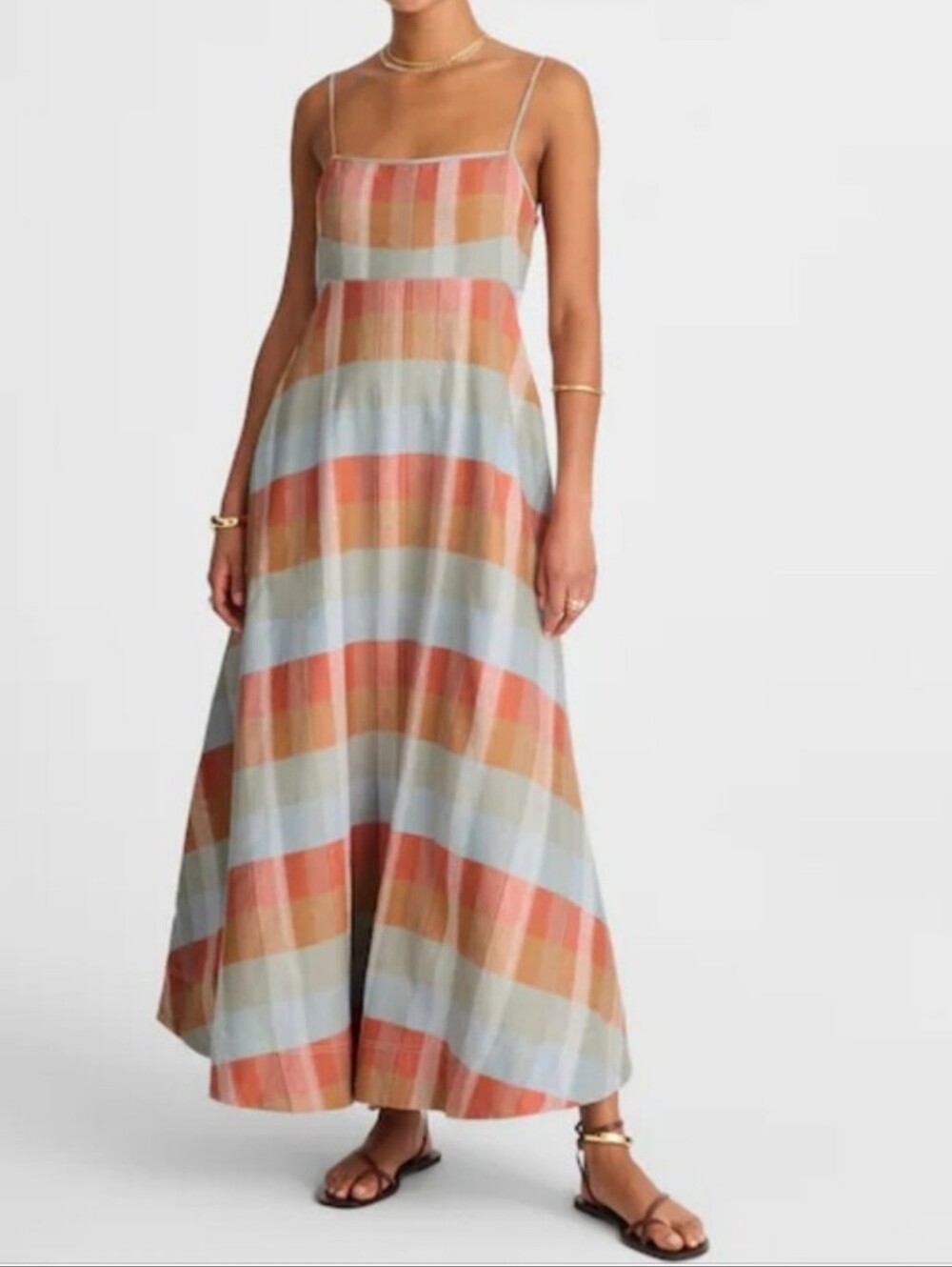 Madewell Empire Waist Plaid Midi Dress In A Linen Cotton Blend Has Pockets